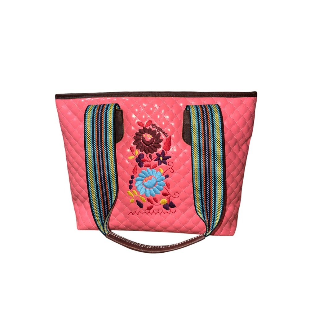 Consuela Pink Quilted Patent Tote Bag Floral Embroidered Striped Lining 16x11x5